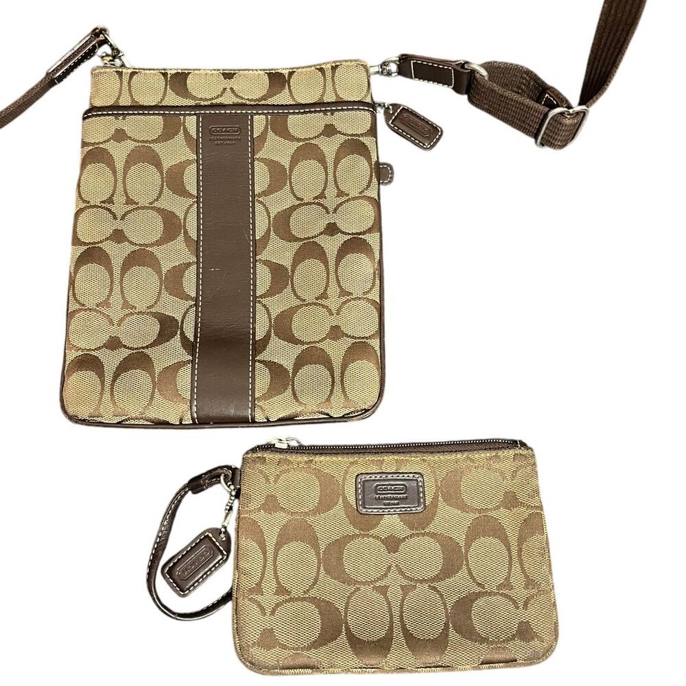 Coach‎ Signature Canvas Brown Stripe Leather Jacquard Crossbody And Wallet